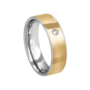 Aliança Blend Prata com Ouro 18K Reta com Pedra 6mm 7501